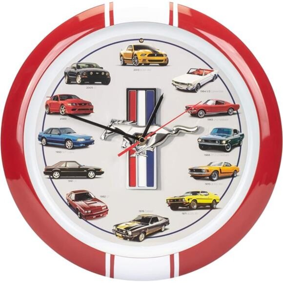 Ford Mustang History Sound Wall Clock 13 Inch Black 60's - Present Collector RED - Picture 1 of 7